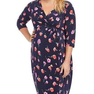 Oh Baby Motherhood navy blue floral  jersey faux wrap maternity nursing dress S